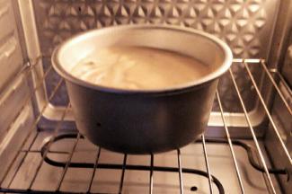 震动下震出气泡。放入烤箱中层，约烤45分钟左右，中途上色过深要加盖锡纸