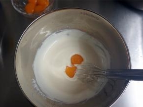 分次加入蛋黄，每次都待搅拌均匀后再加入下一个。