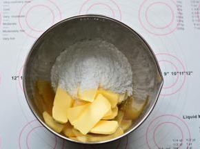 黄油室温软化，切成片或是块状，和糖粉一起放在打蛋盆里，用手动打蛋器把糖粉和黄油搅拌均匀，让其充分融合在一起