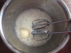 蛋白加入柠檬汁，用电动打蛋器低速打发至粗泡状态，加入三分之一白砂糖