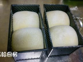 二发后的面团至九分发，在面团表面筛一层高筋面粉，烤箱开始以上下火200度预热。