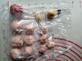 145克面团加入少量的红曲粉，揉成淡粉色面团，做猪的身体各个部位。10克面团加南瓜粉揉成黄色的面团，做衣服的装饰。18克面团加红曲粉揉成红色面团，做衣服，因为是过年猪，所以衣服要红彤彤的。取极少量面团加竹炭粉揉成黑色面团，做眼睛。剩余的白面团也是做猪眼睛。将粉色面团分成3个27克做猪头，3个12克做猪身体，其余做猪脚、猪手、猪鼻子和猪耳朵。未操作的面团一定要盖上保鲜膜防止风干