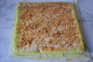 待蛋糕放凉，底部垫油纸再扣回来，抹上一层沙拉酱，再撒上肉松