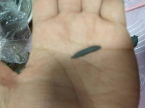 取一点黑色面团，揉成水滴状，放在雪梨的顶部