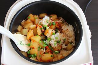 开盖把洗净切好的的香葱倒入锅里，搅拌均匀，一个热腾腾的土豆焖饭就做好了，香飘四溢，非常美味。