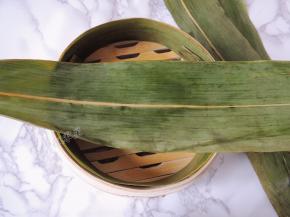 将泡好的粽叶擦干水分，铺在蒸笼的内壁和底部。