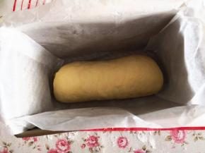 6.	吐司盒用油纸铺垫好，把卷好的吐司卷放进去，进行二次发酵，室温23度，采用室温发酵，发酵至原来2倍大即可，