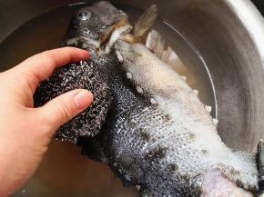 2.	再用钢丝球使劲搓鱼身上的沙状鱼皮，将其去掉，不然吃起来口感粗糙，容易伤到牙齿和口腔，