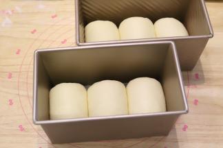 三个三个同一方向放入450克的吐司模内。