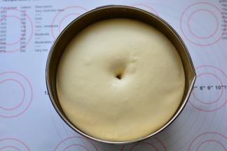 揉好的面团，放在盆中盖保鲜膜进行基础发酵，面团发酵到1.5-2倍大，手指沾面粉戳一个洞，不回缩、不塌陷，发酵完成。