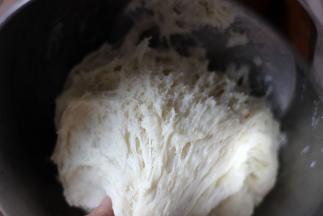 提起面团形成如图的蜂窝状，表示中种已经发酵完毕