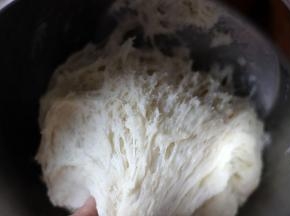 提起面团形成如图的蜂窝状，表示中种已经发酵完毕