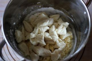 除去黄油外，将主面团所有食材稍稍混合后倒入撕碎的中种