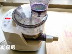水杯中加入紫甘蓝的汁，水杯安装到位，按一下启动，面条机自动运转，待会就等着出面条了。