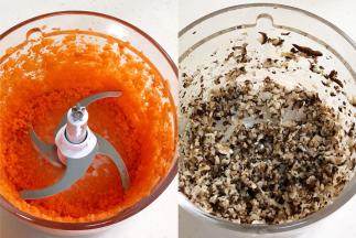 胡萝卜块和蘑菇分次倒入绞肉机中搅碎。