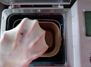 选择和面16分钟，和至完全阶段（手套膜），盖上盖子，发酵30分钟（不同型号的面包机揉面时间会有所不同）