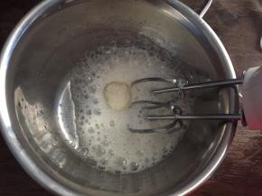 蛋白加入柠檬汁，低速打发至粗泡状态，加入三分之一白砂糖