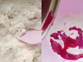 把火龙果汁和水分别加热一下，然后分别倒入糯米粉中揉成面团。