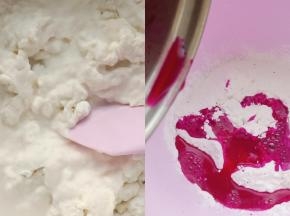 把火龙果汁和水分别加热一下，然后分别倒入糯米粉中揉成面团。