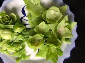 把浸泡凉的白菜茎捞出沥干水分，再用剪刀把每根茎剪成三角形，成莲花状，摆好盘中