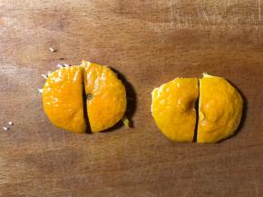 把果皮的两个蒂部切成手指宽的四片半圆