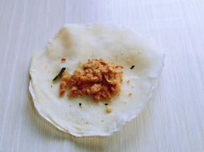 取一张春卷皮，放上肉松。