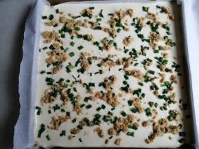 正方形烤盘里提前铺好一张油纸，将蛋糕糊从离烤盘上方20CM处倒下来，用刮板刮平表面，并在桌面上震几下，震出气泡。将葱花和肉松撒在表面，将肉松轻轻地按一下，这样可以防止烤好后肉松掉落