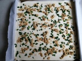 正方形烤盘里提前铺好一张油纸，将蛋糕糊从离烤盘上方20CM处倒下来，用刮板刮平表面，并在桌面上震几下，震出气泡。将葱花和肉松撒在表面，将肉松轻轻地按一下，这样可以防止烤好后肉松掉落