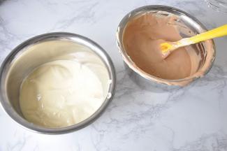 取一小部分蛋糕糊加入可可酱，上下翻拌均匀。另一部分不要动，正好是我们要做的双色斑马纹材料了。