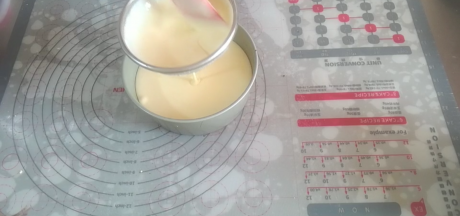 加入酸奶和淡奶油拌匀成均匀的奶酪糊，过筛入蛋糕模具中。