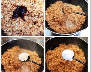 然后倒入打碎的萝卜干，加入1小勺蚝油，1小勺五香粉，1小勺鸡粉，1小勺白糖，用中小火把萝卜干炒均匀，我大概炒了8分钟