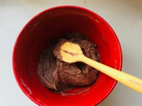 低粉，可可粉，泡打粉混合筛入黄油糊中，加入融化的黑巧克力，橙子皮，橙汁压拌均匀