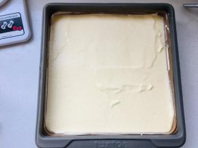 5、烤盘中放入油布，将蛋糊倒入模具中，抹平