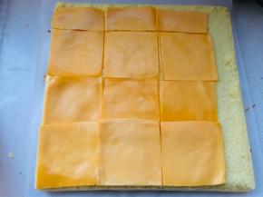 9、撕掉油布，底下垫一张油纸，将芝士片摆放在蛋糕内，涂少许一层沙拉酱，撒一些肉松