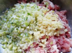 准备好肉馅，将葱姜切成碎末放在肉馅上。