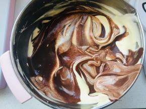 8、将可可蛋糊倒入到原味蛋糊中，搅拌2到3下。搅拌过度纹路就不清晰了