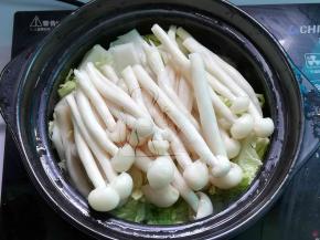 锅中放入适量清水，将白菜倒入锅中，再加入海鲜菇，大火加盖烧开
