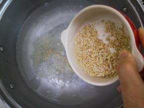 2、锅中倒入清水开火，将清洗过的燕麦粒和胚芽米倒入锅中。