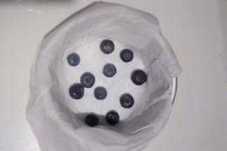 6英寸蛋糕圆形模具中铺一层油纸，底部撒上蓝莓