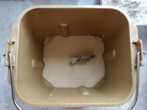 将冷藏或常温的牛奶倒入面包机桶内，倒入酵母粉。（如果没有面包机，可以把高筋粉倒入盆中，在中间挖个洞，把牛奶和酵母粉倒入洞里，用手和好）