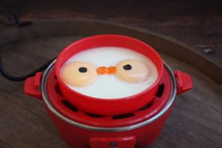 小心打开蒸蛋器的盖儿。
将圆形的胡萝卜做嘴巴，海苔做鱼的眼睛装饰一下。