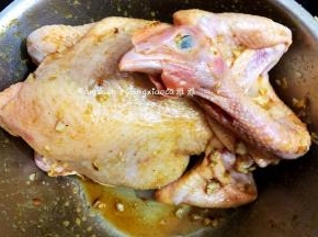 腌制好的鸡拿出来，把涂抹的沙姜塞进鸡肚子内，这样味道会更好