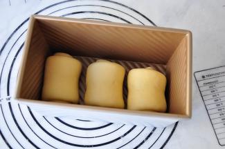 收口后放入吐司盒，温暖处发酵。 您可以放进烤箱中发酵，也可以为了追求更好的效果冷藏发酵，我这家暖气片正好温热，我把它放在暖气边就出门了。