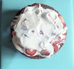 再涂一层淡奶油，盖上第二片蛋糕。继续涂一层淡奶油放入草莓块涂奶油盖上最后一片蛋糕。