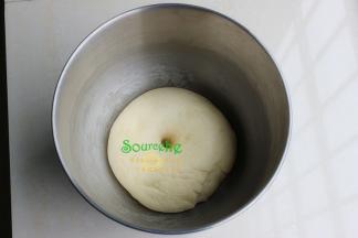 厨师机揉好的面，用手揉搓成光滑的面团，放回桶里，盖上一块湿布，让面团发酵至原来的2.5倍。将发酵好的面团，用手压出空气（或用力揉几下，直到面团内的气体排出）