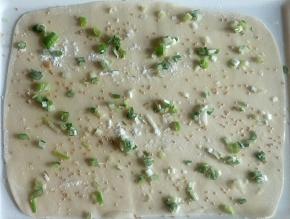 均匀刷玉米油，均匀撒适量干粉，均匀撒0.5克盐，均匀撒白芝麻，均匀撒葱花