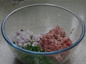 猪肉末，洋葱，胡椒备洗好并剁切好混合在一起。