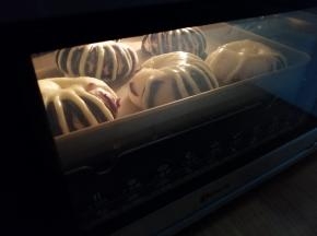 在发酵好的面包胚表面刷上一层全蛋液，不刷也可以。放入已经预热到165度的烤箱中下层，烘烤18分钟左右，在最后几分钟留意上色情况，及时加盖锡纸，以免上色过深