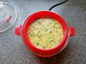 倒入适量的韭菜蛋糊，盖上盖子，接通电源。