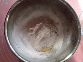 把混合好的饼干粉倒入蛋液中